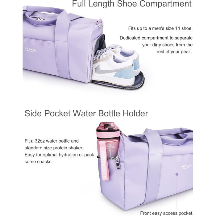 Спортивна сумка 16 дюймів для жінок та дітей з відділенням для взуття та водонепроникним розділенням. Підходить для фітнесу, танців, плавання та подорожей, фіолетового кольору.