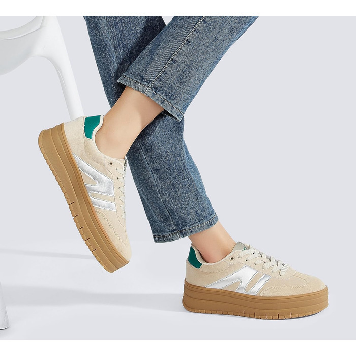Кросівки LUCKY STEP Plateau Sneaker для жінок - платформа, канвас, ретро стиль, низький профіль, комфортні для повсякденного носіння, 42 EU, бежево-зелені