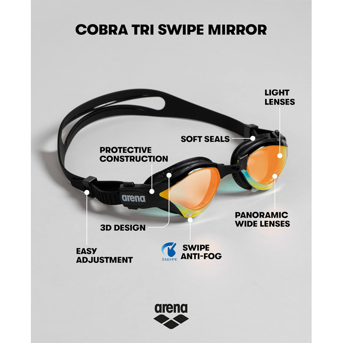 Окуляри для плавання Arena Cobra Ultra Swipe Mirror з дзеркальними лінзами, антифог, UV-захист, унісекс, для дорослих, жовто-мідні, 5 змінних перенісся