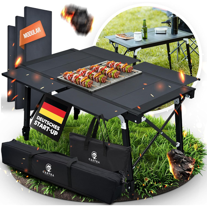 Преміум туристичний стіл Castra з інтегрованим грилем – алюміній 7075, регульована висота, для відпочинку на природі, вологостійкий, інноваційна складна система, багатофункціональний стіл та аксесуари для кемпінгу, саду, подорожей та риболовлі