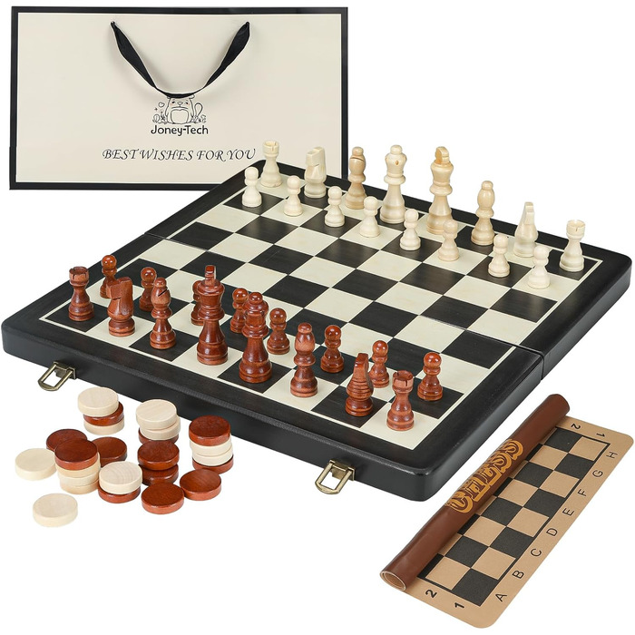 Шаховий набір Joneytech 2 в 1 магнітний, 39х39 см, дерев'яний, складаний, для дорослих та дітей, з додатковою королевою
