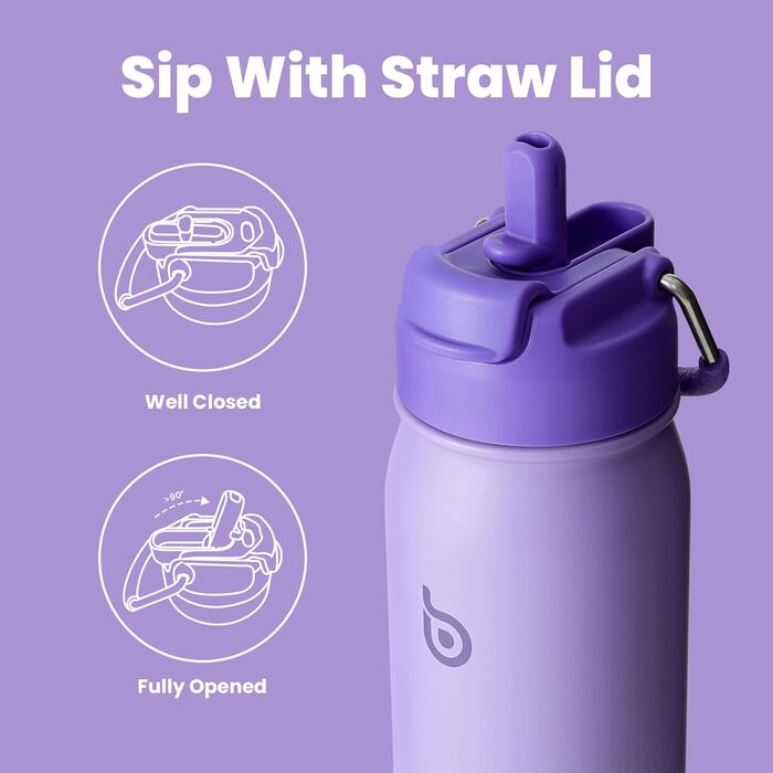 Фляга для води BOTTLE BOTTLE з нержавіючої сталі 473 мл з трубочкою та відділенням для пігулок - BPA Free - для університету, школи, спорту, дитячого садка (фіолетова)