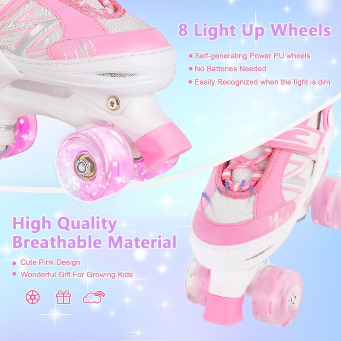 Роликові ковзани дитячі DUZSKJ для хлопчиків та дівчаток, регульовані, з підсвіткою, 4 розміри, рожевий колір