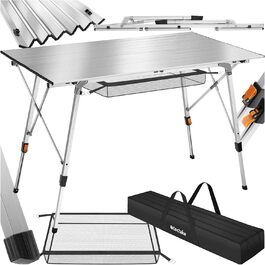 Стіл для кемпінгу Tectake®: розкладний, алюміній, велика стільниця 120x70.5 см, регульована висота, водостійкий, з сумкою