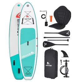 SUP дошка Abahub надувна, комплект для Stand Up Paddling (блакитна/зелена/помаранчева/червона), з регульованим алюмінієвим веслом та сидінням для каякінгу, 320x78x15 см, зелена