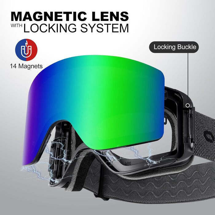 Скі-маска Ololand для жінок та чоловіків, захист від запотівання, UV-захист, магнітні змінні лінзи, сумісна зі шоломом, для сноуборду та катання на лижах, чорний колір, VLT 8.8% (зелена лінза - VLT 13%)