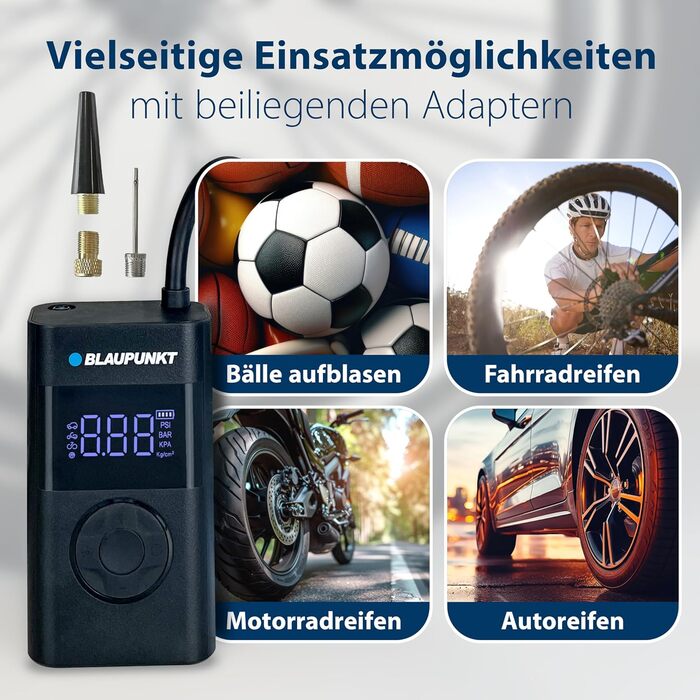 Портативний акумуляторний компресор Blaupunkt TPM 124 для накачування шин авто, велосипедів, мотоциклів і м'ячів, з функціями павербанку та ліхтарика, чорний