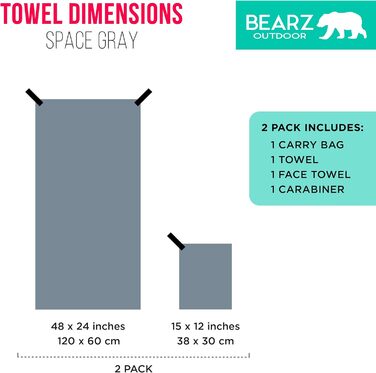 Рушник туристичний Bearz Outdoor, мікрофібра, швидковисихаючий, для кемпінгу, спорту, йоги, сірий (Space Gray)
