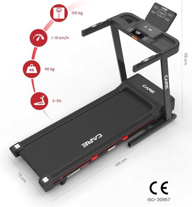 Бігове доріжки Care Fitness Jogger Max з LED-дисплеєм та моторизованим нахилом, 16 км/год, 28 програм, тихий мотор