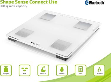 Розумні ваги Soehnle Shape Sense Connect Lite, аналіз складу тіла, з'єднання з додатком, вимірювання жиру, води, м'язової маси, LED-дисплей, білі