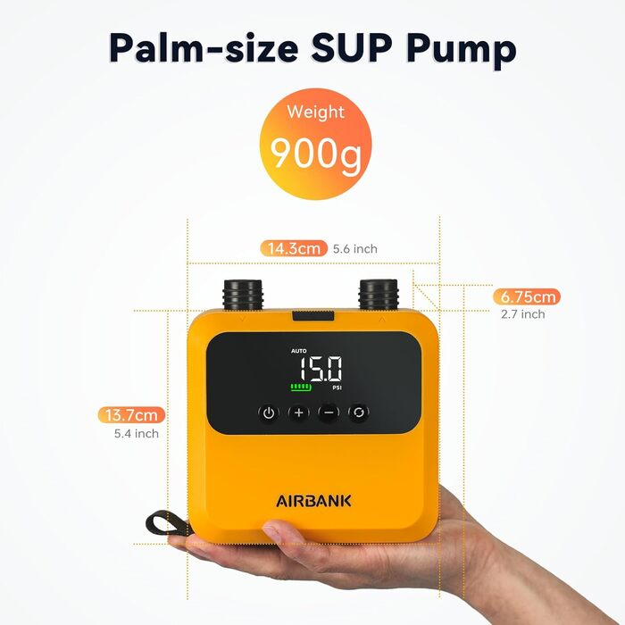 Електричний портативний насос AIRBANK PULSE Pro для SUP-дощок, каяків та човнів, 20 PSI, безщітковий двигун, помаранчевий