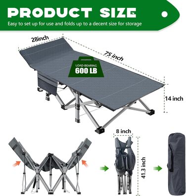Розкладне ліжко ZIKEBTUY для кемпінгу та відпочинку: міцне, з матрацом, 190x71x36 см (сірий)