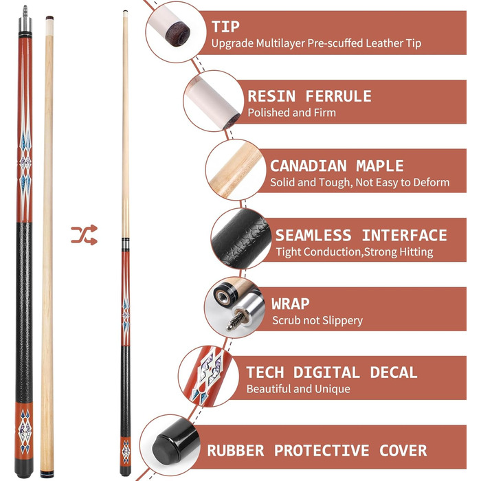 Набір більярдних київ Kmise Pool-Queue-Stick – 147 см, канадський клен, професійні, для дорослих, різні кольори, для барів, дому, більярдних столів