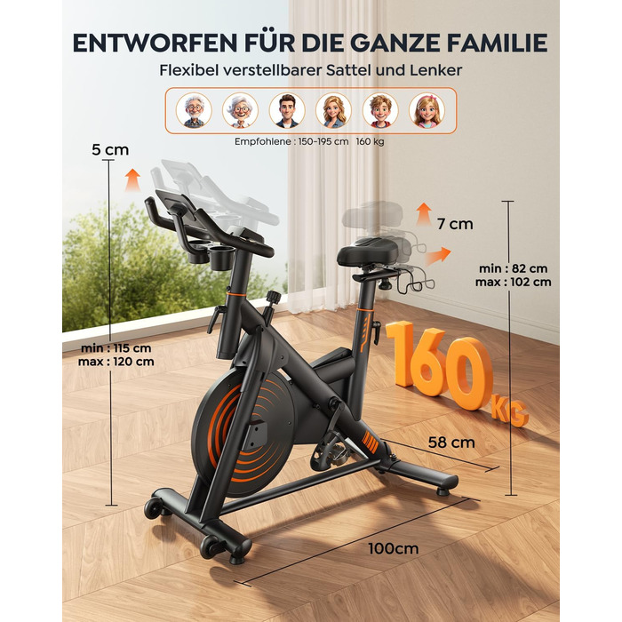 Велотренажер Hometrainer: тихий, ергономічний, з пульсометром та підтримкою для пляшки та гантелей, 160 кг, помаранчевий