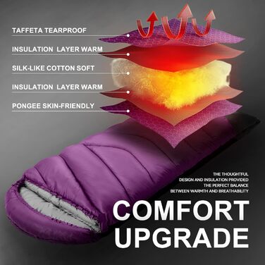 Спальний мішок для дорослих у холодну погоду, водонепроникний, легкий, для великих людей, з компресійним мішком, для кемпінгу, походів, відпочинку на природі та в приміщенні (1,8 кг, фіолетовий)
