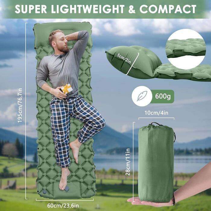 Isomatte HyAdierTech самонадувна туристична, ultralight, з подушкою, для кемпінгу та походів (зелена)