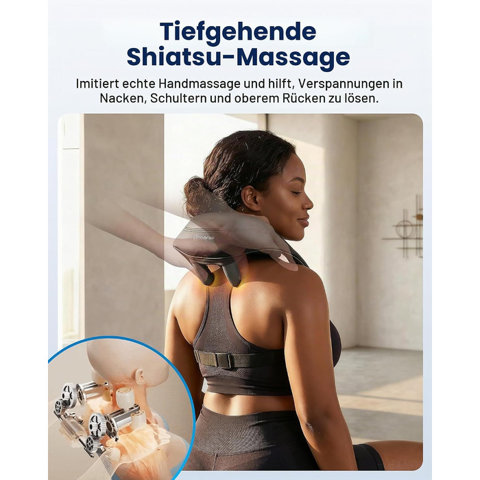 Бездротовий масажер для шиї та плечей COMFIER Shiatsu з підігрівом: 4D глибокий масаж, 3 режими, PU-шкіра, чорний