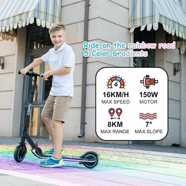 Дитячий електросамокат RCB, 150 Вт, до 16 км/год, складаний, з LED-підсвіткою та дисплеєм, для дітей 6-12 років, подарунок для підлітків