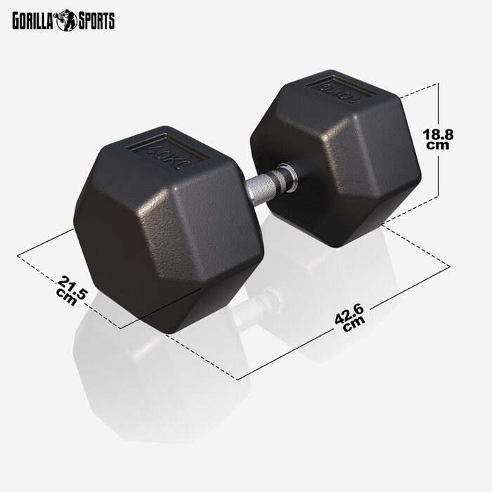 Гантелі шестигранні GORILLA SPORTS 40 кг – гантелі з гусатого заліза, прогумовані, нековзкі, хромована рифлена ручка, чорні, для силових тренувань та фітнесу