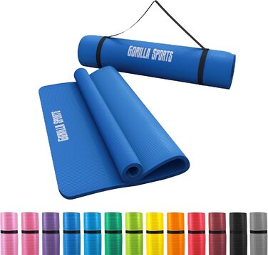 Килимок для йоги та фітнесу GORILLA SPORTS 190x100x1,5 см, королівський синій, нековзний, без фталатів, з ременем для перенесення