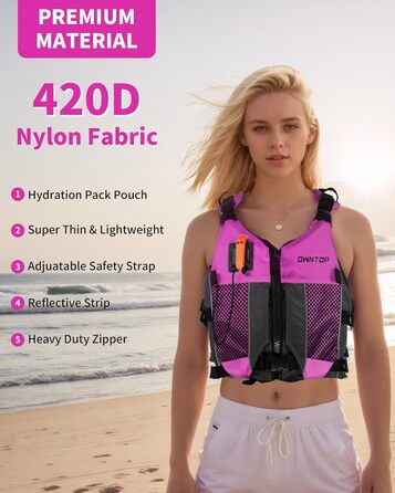 Рятувальний жилет Owntop для дорослих та юнаків з пискликом та рюкзаком для води, сітчастими кишенями, регульований, легкий, унісекс, для SUP, каякінгу, риболовлі, всіх водних видів спорту, рожевий, XS/S (40-60 кг)