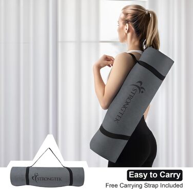 Килимок для йоги StrongTek TPE 183x61x0,6 см, нековзкий, легкий, з ременем для перенесення, для йоги, пілатесу та фітнесу, чорний/сірий
