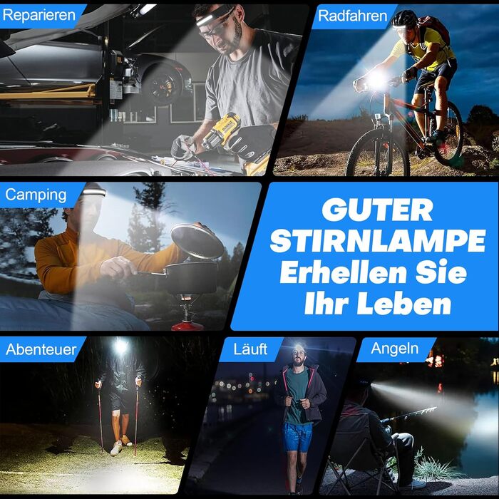 LED налобний ліхтар з акумулятором, 2 шт., кут огляду 230°, 7 режимів, супер яскравий, 2600 mAh, 22 години роботи, датчик, червоне світло, водонепроникний, легкий, для бігу, кемпінгу, походів, чорний