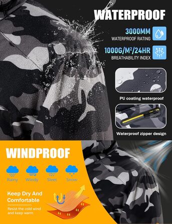 Чоловіча зимова флісова куртка MAGCOMSEN з підкладкою, для катання на лижах, Outdoor, вітронепроникна, водонепроникна, тепла, функціональна куртка з капюшоном для походів та кемпінгу (Чорний-Камуфляж, L)