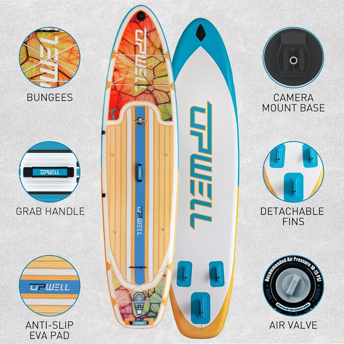 Надувний SUP Борд UPWELL Premium Stand Up Paddling Board з сидінням та кріпленням для камери, комплект, 204 кг вантажопідйомність, для 2 осіб, регульоване весло для початківців (340x84x15cm)