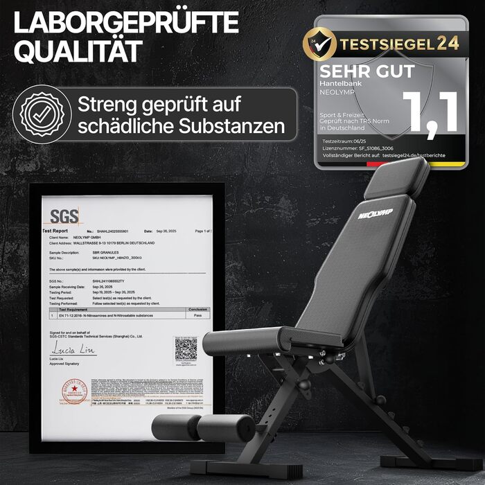 Hantelbank NEOLYMP для дому, до 450 кг, складна та регульована, карбоновий дизайн, 72 положення, з Ebook та доступом до додатку - ідеально для жиму лежачи та силових тренувань