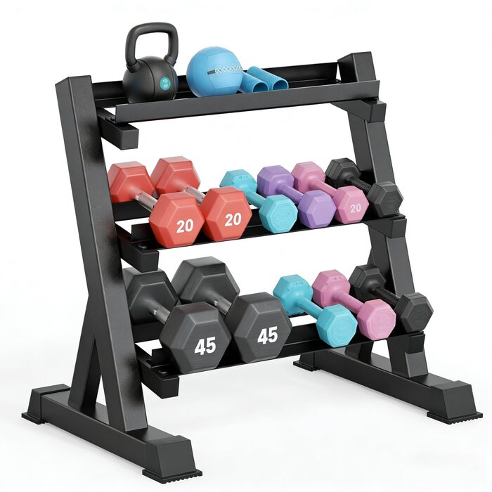 Дірекс стійка для штанги з 3/5 рівнями, для гантелей, гир, штанги, до 500 кг, регульована (з набором гантелей 10 кг, фіолетовий)