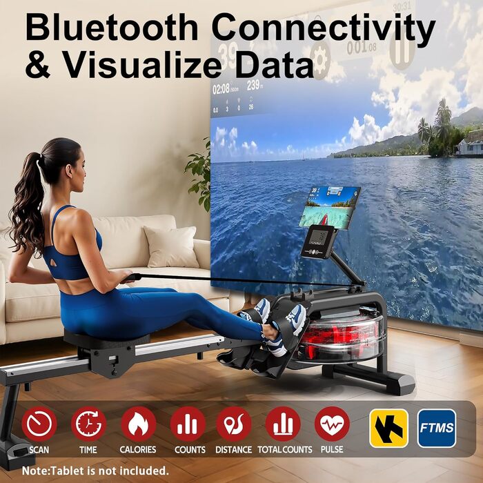 Водний веслувальний тренажер VOWVIT для дому з Bluetooth монітором, тримачем для планшета, сумісний з додатком Kinomap, макс. зріст користувача 210 см, легка збірка