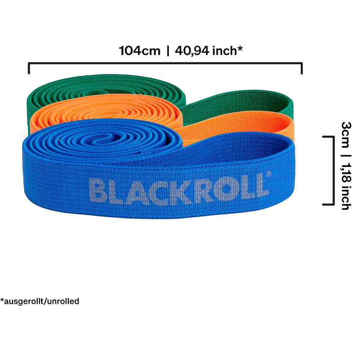 BLACKROLL SUPER BAND 104 см – еспандер для фітнесу та реабілітації, тканинна стрічка для зміцнення м'язів, набір 3 шт (помаранчева, зелена, синя), різні рівні опору, німецька якість, прана, гіпоалергенна