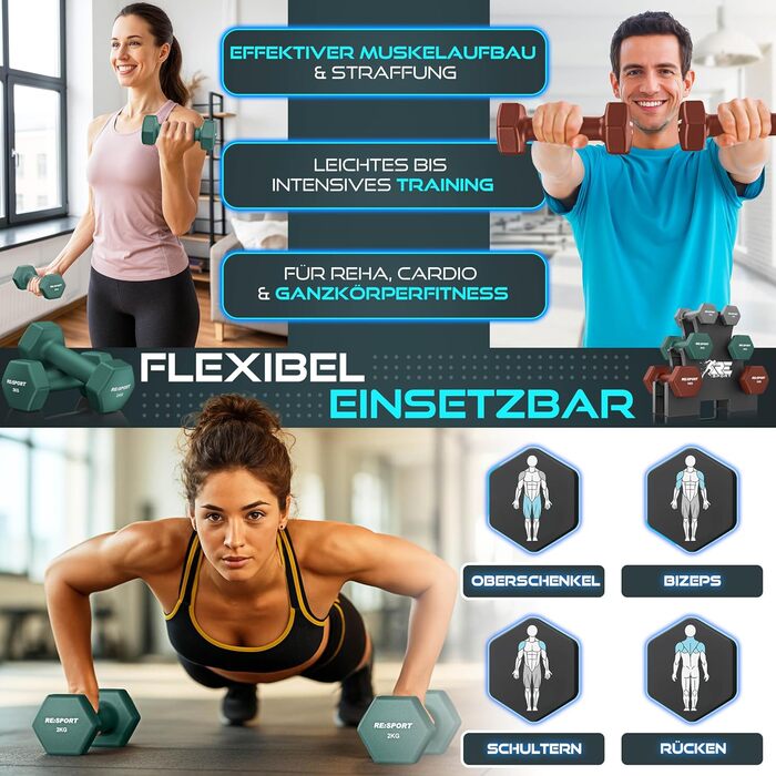 Набір гантелей RE:SPORT® 3 пари (1-5 кг, 12 кг або 18 кг) зі стійкою та 3 фітнес-гумками. Нековзкі гантелі з неопрену для жінок та чоловіків. Кольори: бірюзовий/сірий/темно-синій (бірюзовий/петроль/теракота, 18 кг)