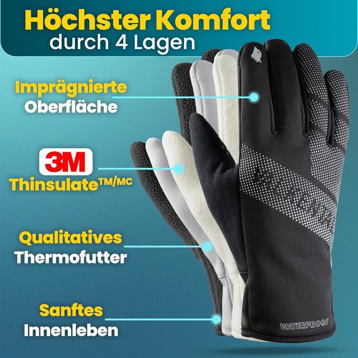 Водонепроникні велосипедні рукавички Valkental® GloRider з ізоляцією 3M | З підкладкою та зчепленням | Зимові та перехідні рукавички [Чоловічі та жіночі] з функцією сенсорного екрану - Чорний XL (до -4°C, 4-шарові)