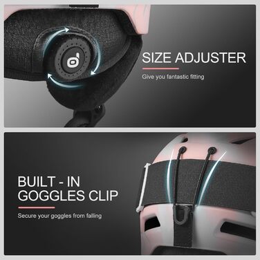 Шолом для лижного спорту та сноуборду Odoland з маскою, регульований розмір, захист вух, для чоловіків, жінок та підлітків (M (57-59 см), яскраво-рожевий)