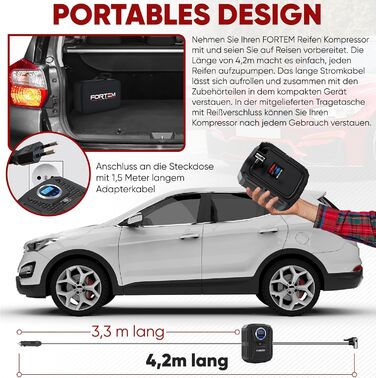 Портативний автомобільний компресор FORTEM 230В/12В, електрична насосна станція для шин та велосипедів з LED-підсвіткою і цифровим манометром, автоматичне відключення