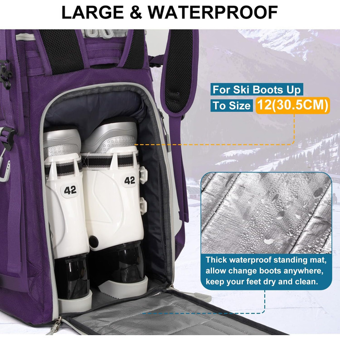 Чохол для лижних черевиків з відділенням для шолома, 65L рюкзак для лиж, водонепроникний мішок для лиж, сумка для лижних черевиків, ковзанів, лижних окулярів, сноуборду, лижних рукавиць (Ліловий)