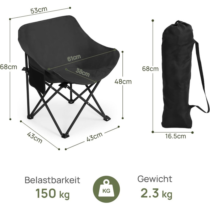 Крісло для кемпінгу Hausprofi складне, чорне, з тримачем для напоїв та сумкою, вантажопідйомність 150 кг