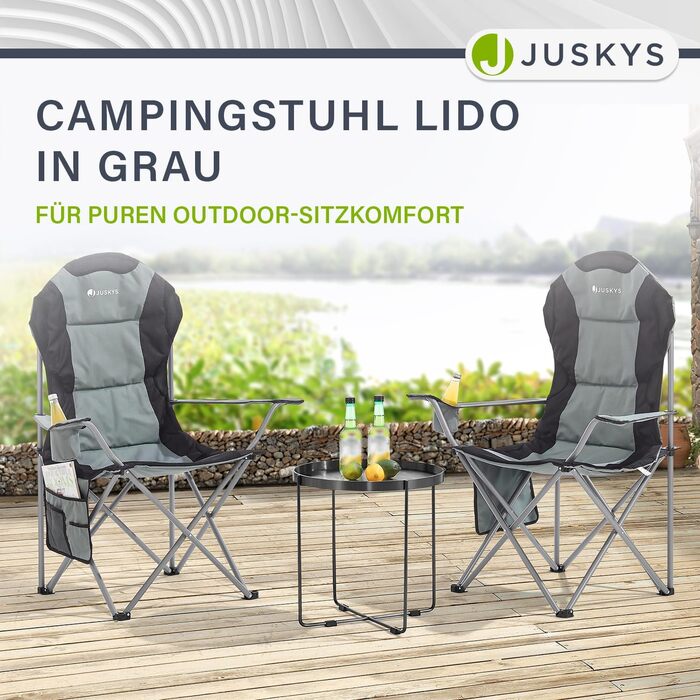 Крісло для кемпінгу Juskys Lido складне з підсклянником, кишенею та сумкою для перенесення. Зручне крісло для відпочинку з підлокітниками та спинкою. 4 кольори (сірий)