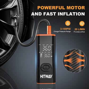Електрична портативна насосна станція HITWAY 6000mAh, 150PSI, акумуляторний компресор для авто, велосипедів, мотоциклів і м'ячів, з функцією Powerbank