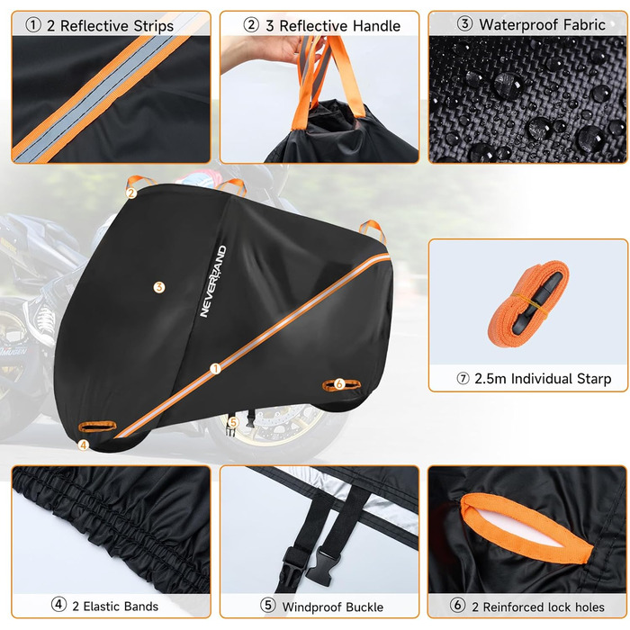 Захисний чохол для мотоцикла NEVERAND - гараж для мотоцикла з сітчастими отворами, водовідштовхувальний, сонцезахисний, 210D Oxford, 2000PA, 220x95x110 см (Чорний, XL)