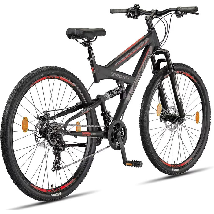 Гірський велосипед Licorne Bike Strong 2D Premium 29 дюймів, чорний/червоний, дискові гальма, 21 швидкість, повна амортизація для юнаків, дівчат, жінок і чоловіків