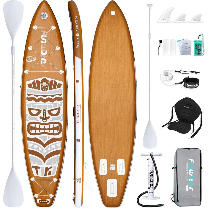 Надувна SUP-дошка FunWater Retro Tiki 11'6''x33'' з подвійною помпою, веслом, сидінням, ременем для перенесення, коричнево-біла, 3 роки гарантії, екстра довга та широка