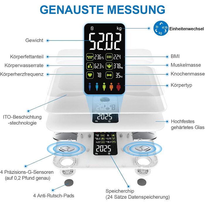 Розумна ваги Lepulse Lescale F4 з аналізом складу тіла, визначенням жиру та м'язової маси, ультраточна персональна вага з великим дисплеєм, 15 показників, біла