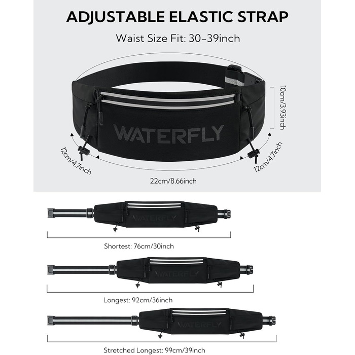 Поясна сумка для бігу WATERFLY: тримач для телефону, три відділення, для чоловіків та жінок, для марафону, триатлону, чорна