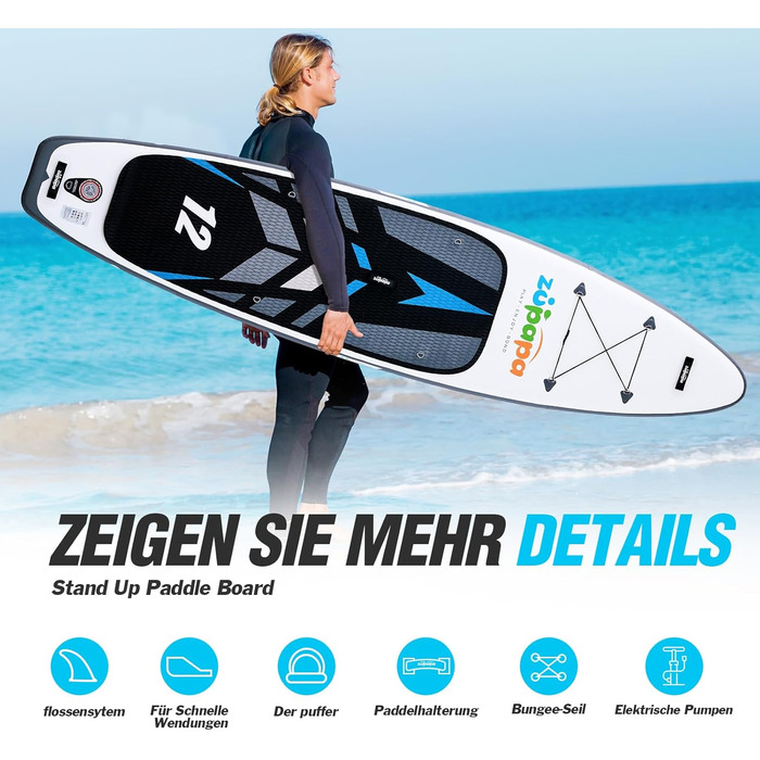 Надувне SUP-борд Zupapa 366см/320см (12ft) з аксесуарами | Stand Up Paddle Board з сидінням для каяка | Чорно-біло-сірий комплект