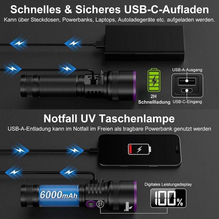Ліхтарик ультрафіолетовий Shadowhawk 365nm 30W з фільтром, USB-зарядний, для виявлення сечі тварин, смоли, скорпіонів, перевірки банкнот, з LCD-дисплеєм