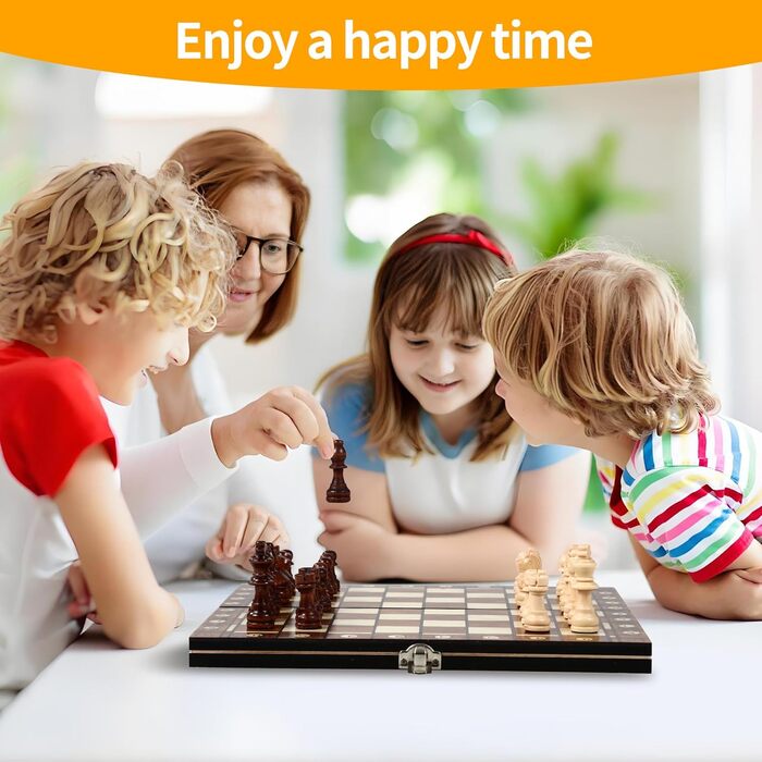 Магнітна шахова дошка 3-в-1 з дерева, 29 x 29 см. Шахи для дітей, для подорожей та сімейних ігор