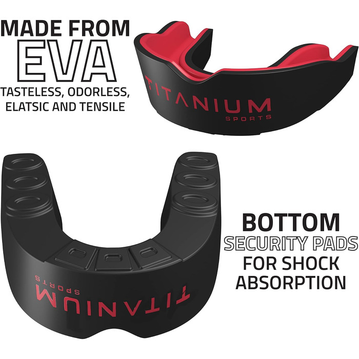 Захисна капа Titanium Sports Premium - Slim Fit з чохлом. Капу для захисту щелепи під час контактних видів спорту (бокс, ММА, джудо, карате, регбі, хокей, футбол). Червоний/Чорний. Для дітей (<11)